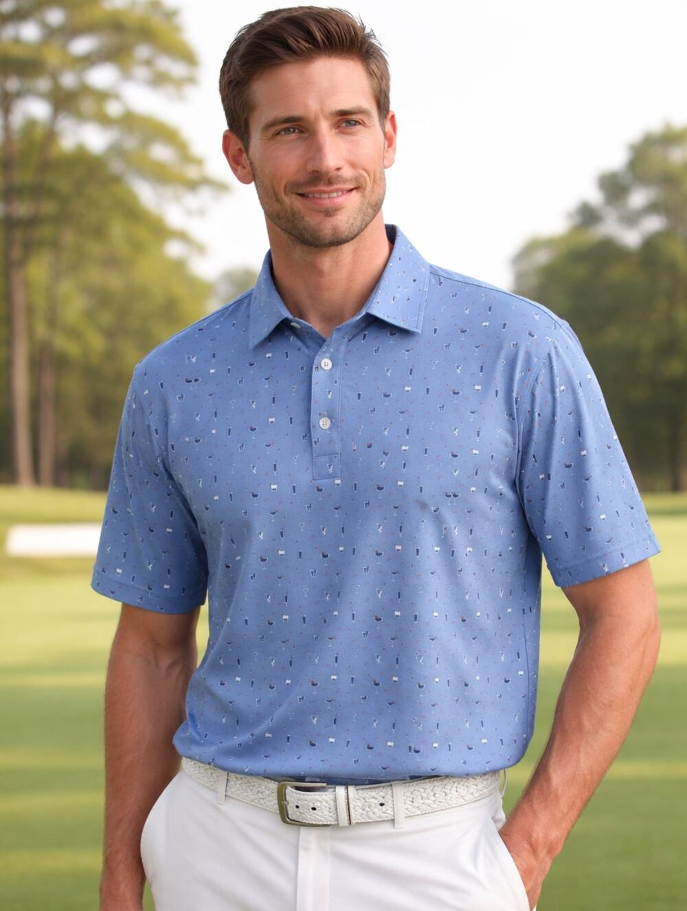 Straight Down Cocktail Blue Golf Polo Size Large All Over Drink Print